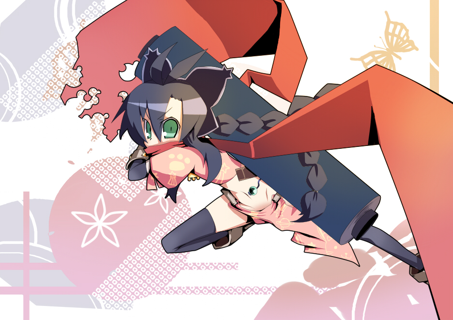 black_hair, black_legwear, black_thighhighs, braid, fuji-k, green_eyes, original, scroll