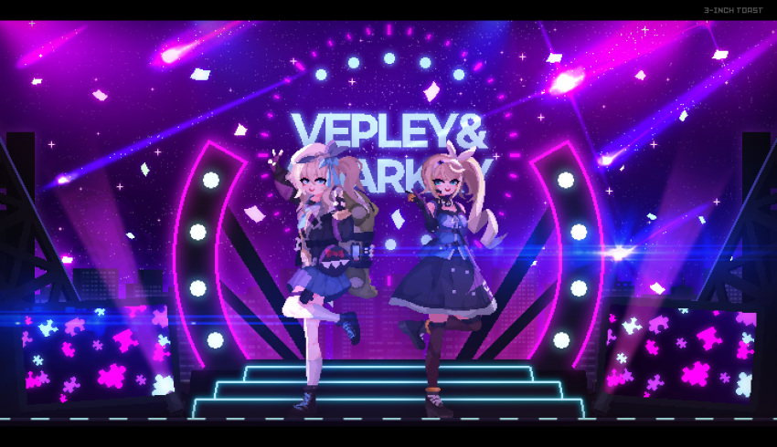 2girls, 3-inch_toast, artist_name, beret, black_gloves, black_thighhighs, blonde_hair, blue_bow, blue_dress, blue_eyes, blue_neckerchief, blue_skirt, bow, city, cityscape, concert, double_v, dress, elbow_gloves, english_commentary, english_text, girls'_frontline_2:_exilium, girls_frontline, gloves, hair_bow, hair_ribbon, hairband, hat, headset, highres, idol, letterboxed, long_hair, medium_hair, mr._pizza_(girls'_frontline_2), multiple_girls, neckerchief, night, night_sky, open_mouth, outdoors, pixel_art, puzzle_piece, ribbon, sharkry_(girls'_frontline_2), shooting_star, side_ponytail, skirt, sky, sleeveless, sleeveless_dress, smile, socks, standing, standing_on_one_leg, star_(sky), starry_sky, sweater_vest, thigh-highs, v, vepley_(girls'_frontline_2), white_hairband, white_ribbon, white_socks, yellow_sweater_vest