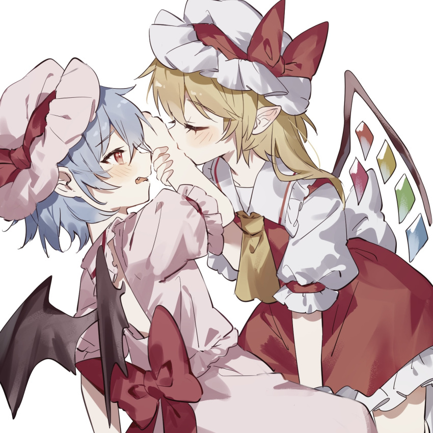 2girls, ascot, back_cutout, bat_wings, blonde_hair, blush, bow, closed_mouth, clothing_cutout, collared_shirt, commentary_request, fang, flandre_scarlet, frilled_skirt, frills, hat, hat_bow, highres, holding_another's_arm, kiss, kissing_arm, mob_cap, multiple_girls, pink_hat, pink_shirt, pink_skirt, pointy_ears, puffy_short_sleeves, puffy_sleeves, red_bow, red_eyes, red_skirt, red_vest, remilia_scarlet, shirt, short_hair, short_sleeves, siblings, sisters, skirt, sorani_(kaeru0768), touhou, vest, white_background, white_hat, white_shirt, wings, yellow_ascot