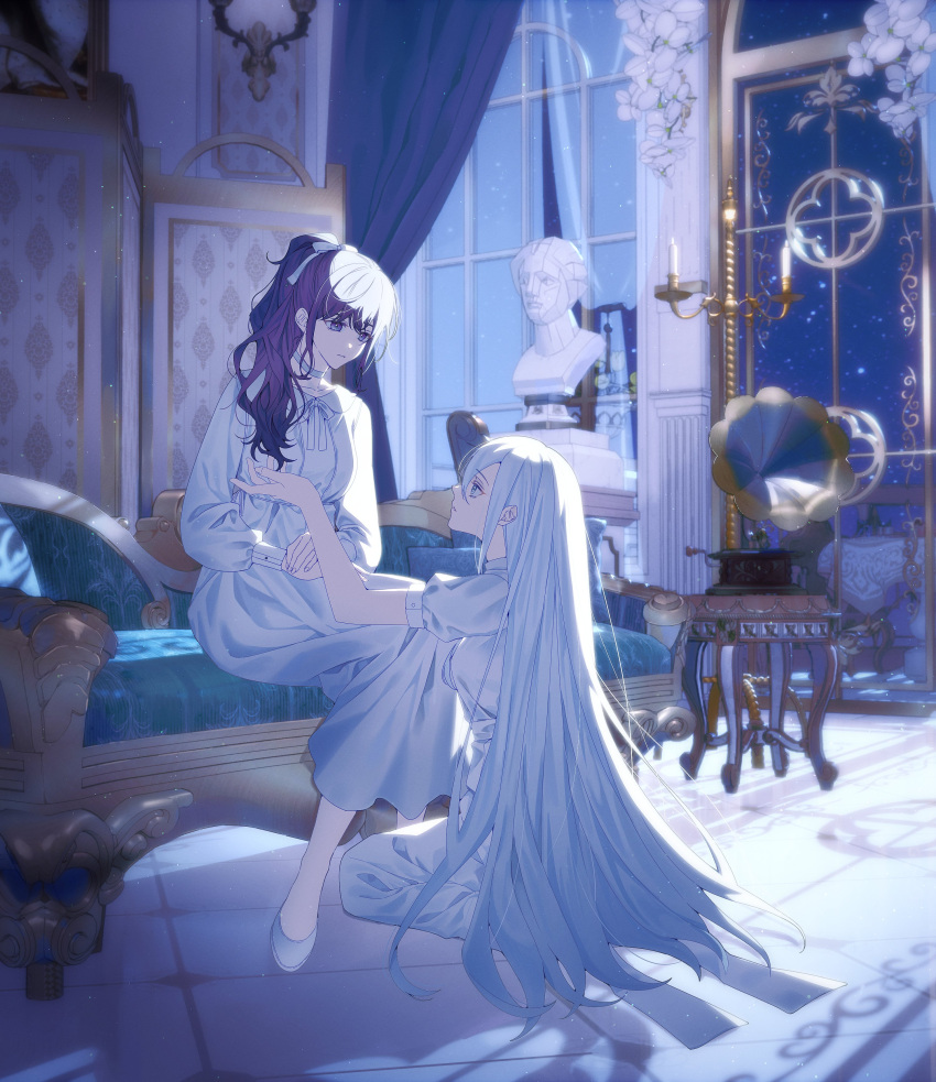 2girls, absurdres, asahina_mafuyu, blue_eyes, bust_(sculpture), candlestand, couch, dress