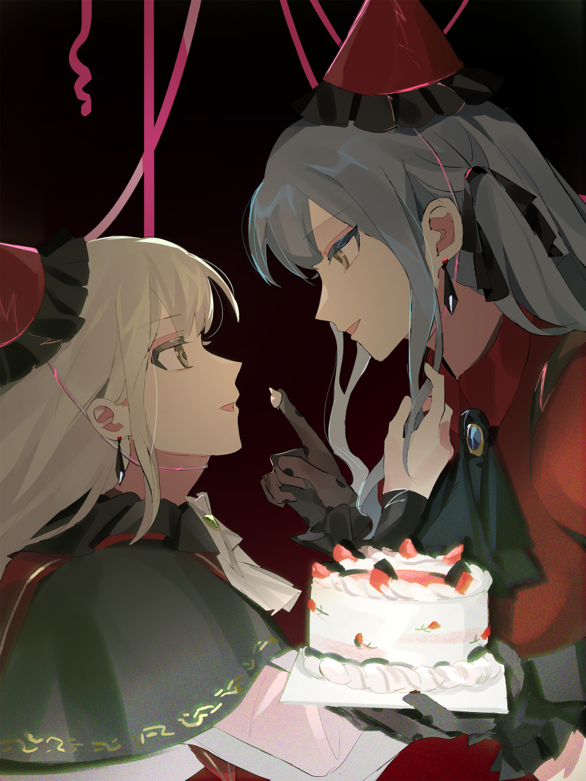 2girls, absurdres, ascot, bang_dream!, bang_dream!_it's_mygo!!!!!, birthday, birthday_cake, black_ascot, black_capelet, black_gloves, black_ribbon, blue_brooch, blue_hair, cake, capelet, commentary, cream_on_finger, earrings, english_commentary, eye_contact, face-to-face, food, from_side, gloves, green_brooch, green_hair, hair_ribbon, hat, highres, holding, holding_plate, jewelry, long_hair, long_sleeves, looking_at_another, mortis_(bang_dream!), multiple_girls, oblivionis_(bang_dream!), open_mouth, party_hat, plate, profile, puffy_short_sleeves, puffy_sleeves, red_hat, red_shirt, ribbon, second-party_source, see-through_clothes, see-through_sleeves, shirt, short_sleeves, sidelocks, sigangsan, smile, togawa_sakiko, two_side_up, upper_body, wakaba_mutsumi, white_ascot, yellow_eyes