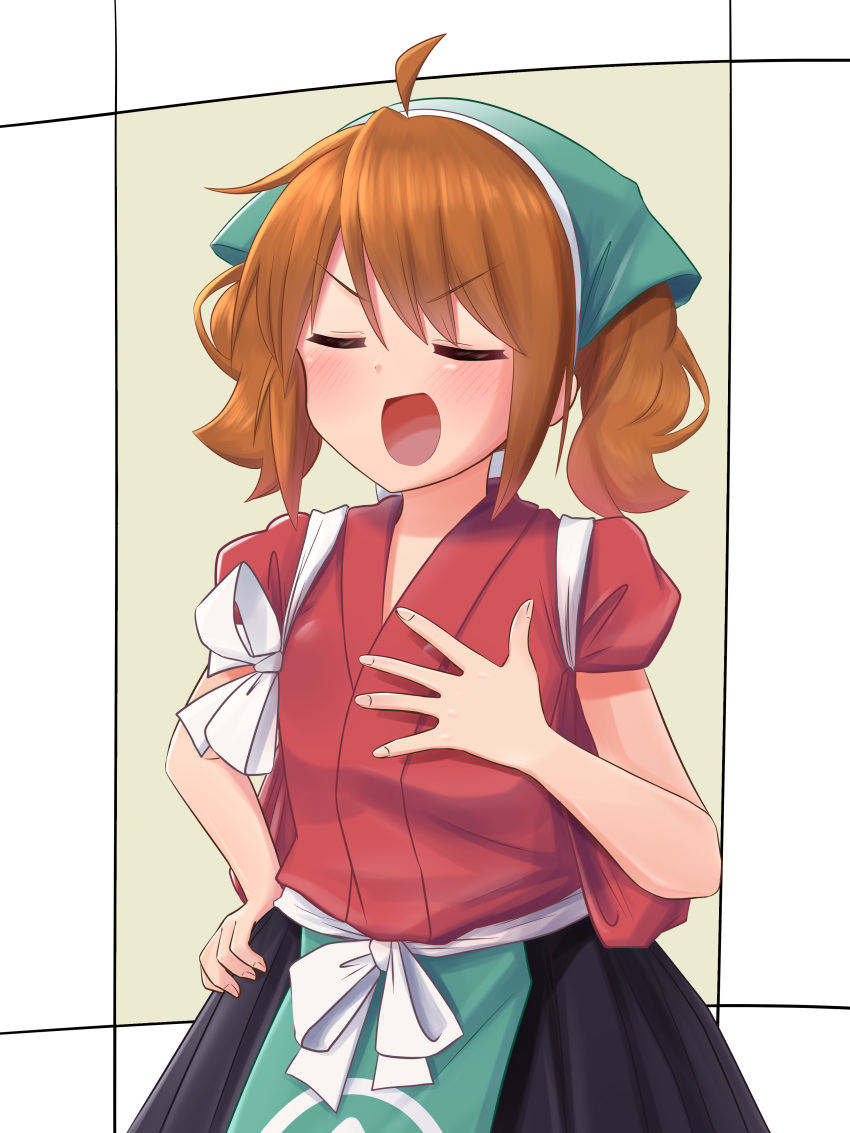 :o, absurdres, ahoge, apron, black_skirt, breasts, brown_hair, chotto_ippai!