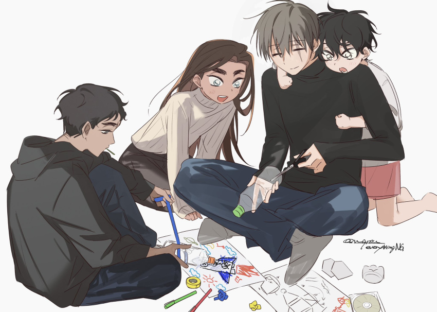 1girl, 3boys, black_hair, black_hoodie, black_shirt, blue_pants, bottle, brown_hair
