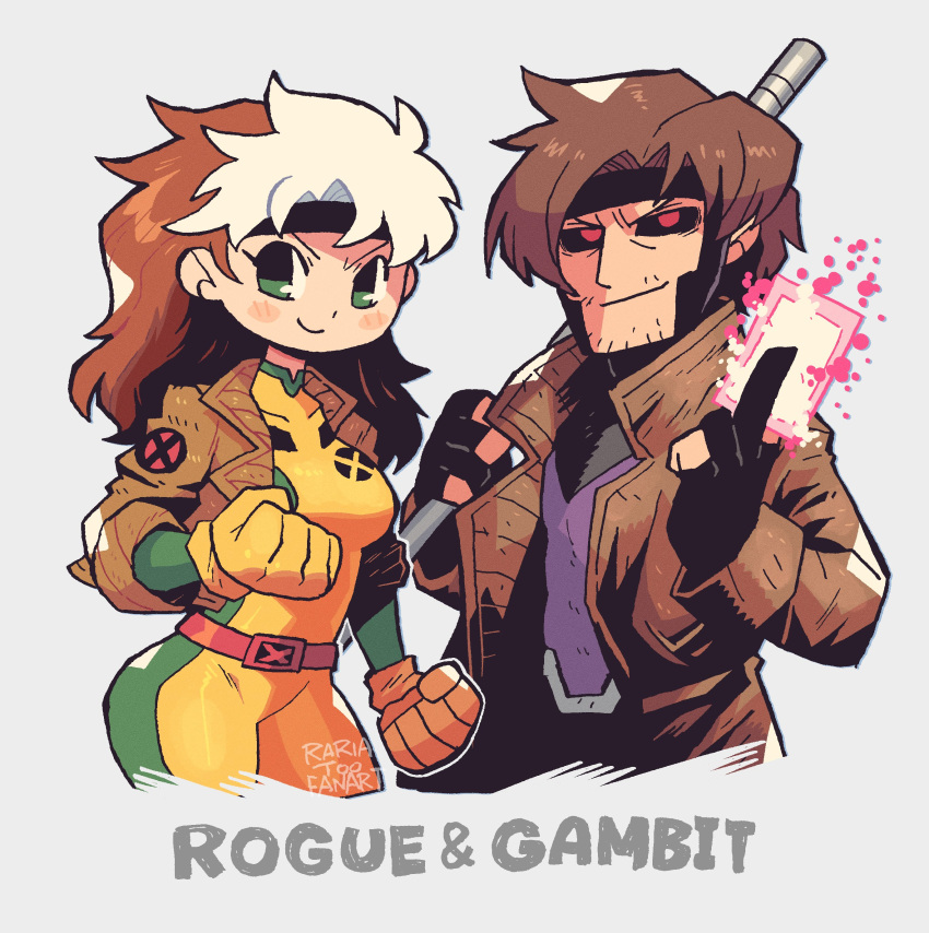 1boy, 1girl, absurdres, belt, black_sclera, bo_staff, bodysuit, breasts, brown_hair, card, card_with_aura, coat, colored_sclera, facial_hair, fingerless_gloves, gambit, gloves, glowing_card, green_bodysuit, green_eyes, green_headband, headband, highres, holding, holding_card, jacket, large_breasts, leather, leather_jacket, long_hair, looking_at_viewer, loose_belt, marvel, multicolored_bodysuit, multicolored_hair, playing_card, rariatto_(ganguri), red_eyes, rogue_(x-men), short_hair, smile, superhero_costume, trench_coat, two-tone_bodysuit, two-tone_hair, white_hair, x-men, x-men:_the_animated_series, yellow_bodysuit, yellow_gloves