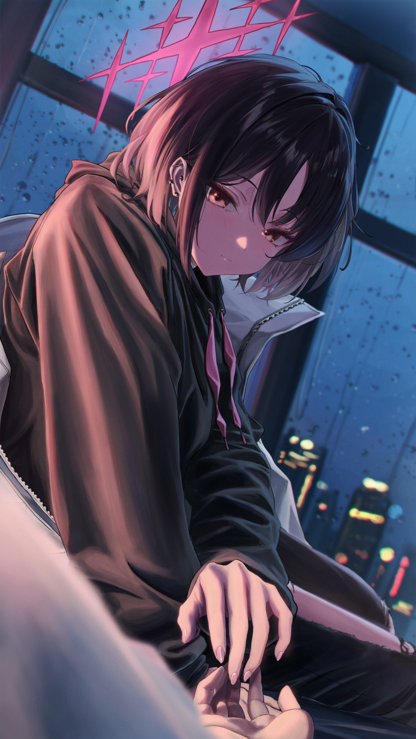1boy, 1girl, absurdres, black_hair, black_hoodie, blue_archive, blurry, bocchi_(kuropom7)