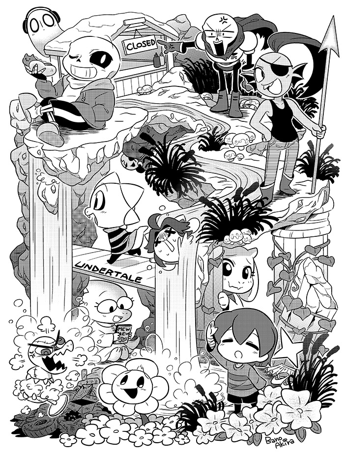 2018, 2d, 2others, alphys, ambiguous_gender, anger_vein, anthro, artist_name, bano_akira, black_eyepatch, black_shorts, brothers, cape, cattail, chibi, copyright_name, digital_media, ear_fins, eyepatch, female, fins, fish, fish_girl, floppy_ears, flower, flowey_(undertale), food, frisk_(undertale), furry, furry_female, gloves, goat, goat_ears, goat_girl, goat_horns, grass, greyscale, hand_on_own_hip, head_fins, headphones, high_ponytail, horns, hot_dog, human, humanoid, jacket, lizard, lizard_girl, long_hair, mad_dummy_(undertale), male, mammal, monochrome, monster, monster_boy, monster_girl, monster_kid_(undertale), multiple_boys, multiple_girls, napstablook, one_eye_closed, papyrus_(undertale), plant, pointing, ponytail, red_gloves, reptile, reptile_girl, river, sans_(undertale), scalie, sharp_teeth, short_hair, shorts, siblings, simple_background, skeleton, slit_pupils, spear, standing, striped, striped_shirt, striped_shorts, tank_top, teeth, temmie, text, toriel, undead, undertale, undyne, utdr_(toby_fox), w.d._gaster, waterfall, weapon, white_background, white_fur, white_horns, white_stripes, x_x