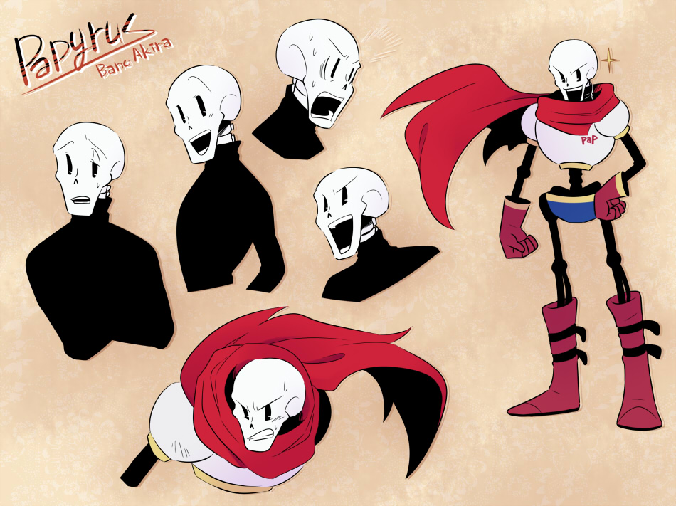 1boy, 2017, 2d, artist_name, bano_akira, black_sweater, blue_shorts, boots, cape, character_name, clenched_teeth, cream_background, cropped_shoulders, cropped_torso, digital_media, full_body, gloves, gradient_background, hand_on_own_hip, humanoid, male, male_focus, male_only, monster, monster_boy, multiple_views, open_mouth, papyrus_(undertale), red_boots, red_cape, red_gloves, shorts, simple_background, skeleton, smile, solo, sparkle, standing, surprised, sweat, sweater, teeth, text, undead, undertale, uneven_eyes, utdr_(toby_fox)