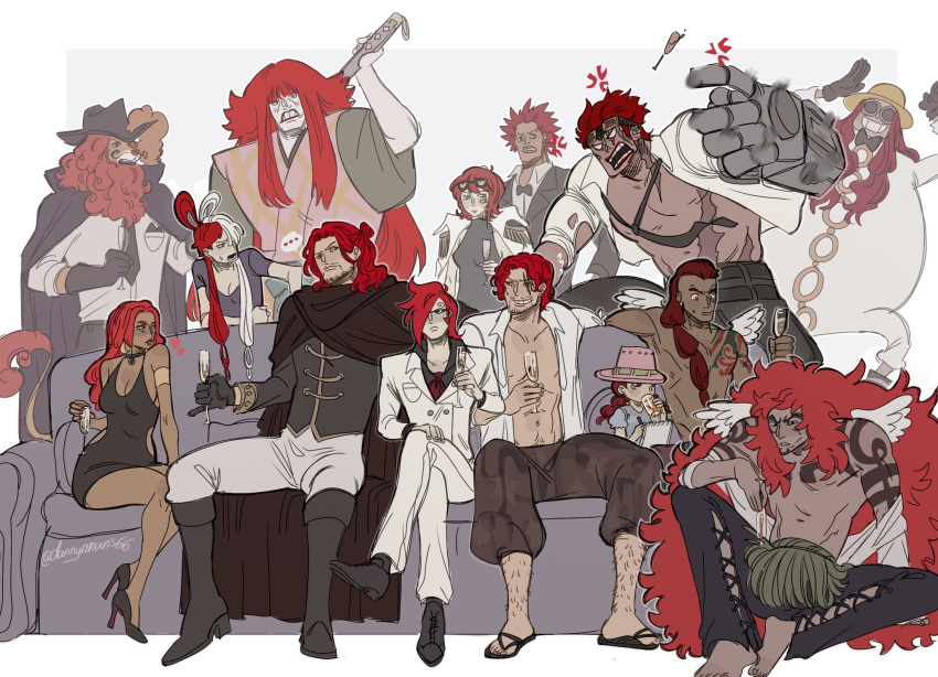 ..., 4girls, 6+boys, angry, baccarat_(one_piece), beard_stubble, black_bow, black_bowtie