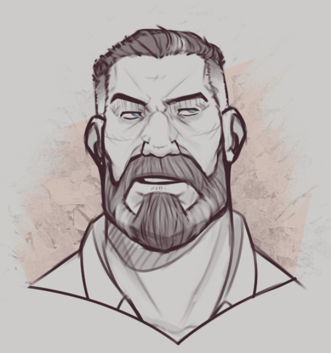 1boy, 3intlar, beard, blue_eyes, brimstone_(valorant), connected_beard, facial_hair, flattop, looking_up, male_focus, mature_male, multicolored_hair, partially_colored, raised_eyebrow, simple_background, solo, two-tone_hair, valorant