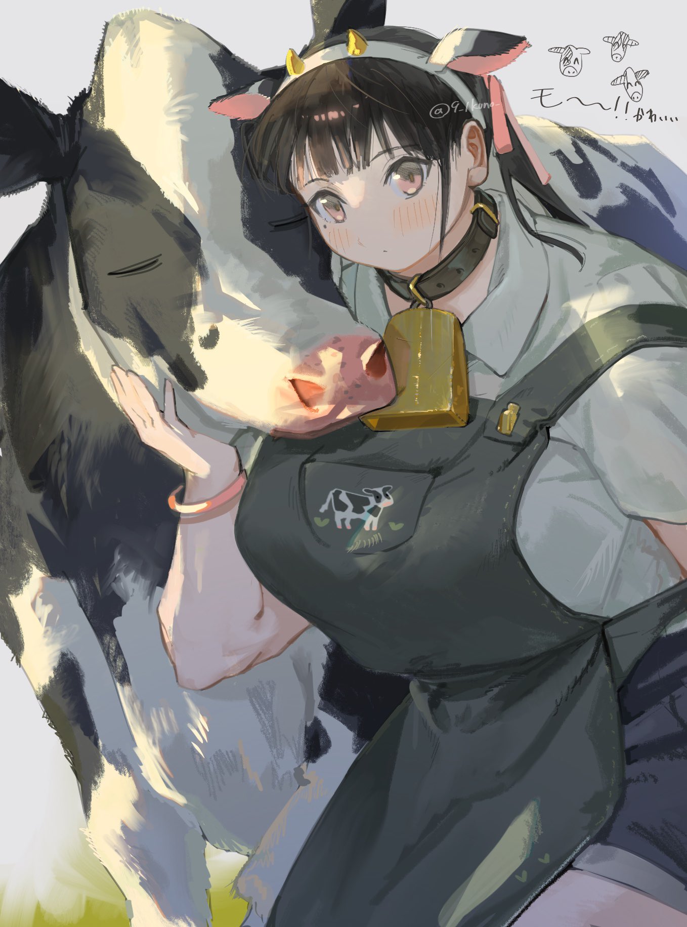 1girl, animal_ear_hairband, animal_ears, animal_print, apron, bell, belt_collar, black_apron