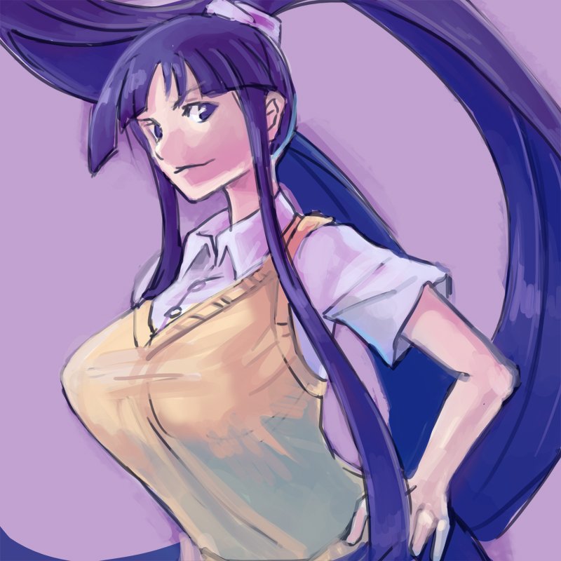 1girl, blunt_bangs, breasts, eiken, hand_on_own_hip, huge_breasts, long_hair, misono_kirika