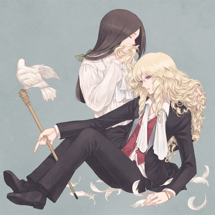 2boys, arion_rosemarine, bird, black_hair, black_jacket, blonde_hair, bow, bracelet, cane, closed_eyes, collared_shirt, curly_hair, drill_hair, drill_sidelocks, feathers, green_bow, holding, holding_another's_hair, holding_cane, jacket, jewelry, jules_de_ferrier, kaze_to_ki_no_uta, long_hair, male_focus, multiple_boys, open_clothes, open_jacket, parted_lips, pigeon, red_vest, rinka_(rinka0912), scarf, school_uniform, shirt, sidelocks, sitting, vest, violet_eyes, white_scarf, white_shirt