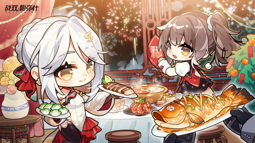 artist_request, braid, celebration, chinese_clothes, chinese_new_year, curtains, dumpling, fireworks