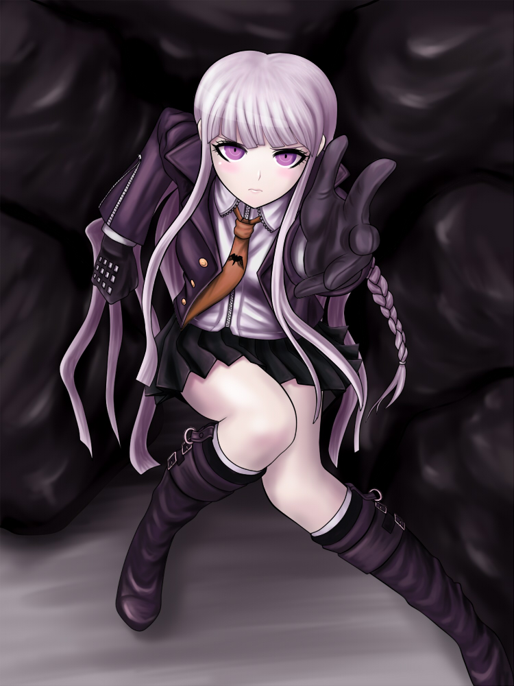 dangan-ronpa, dangan_ronpa, gig_(artist), gloves, kirigiri_kyouko, long_hair, necktie, outstretched_hand, purple_eyes, purple_hair, single_braid, skirt, violet_eyes