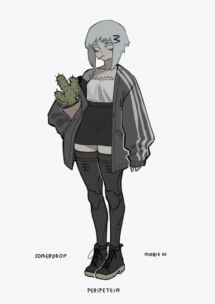 1girl, absurdres, aqua_eyes, artist_name, bags_under_eyes, black_footwear, black_skirt, boots