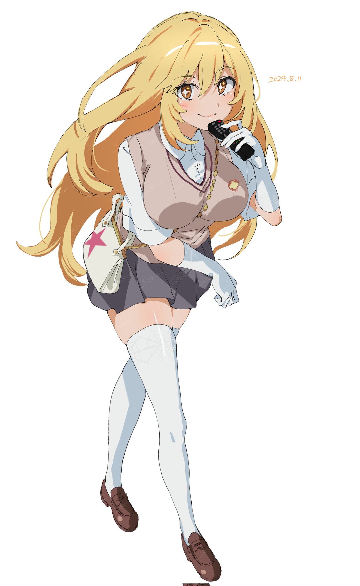 1girl, bag, blonde_hair, breasts, brown_footwear, brown_sweater_vest, chain, chain_between_breasts