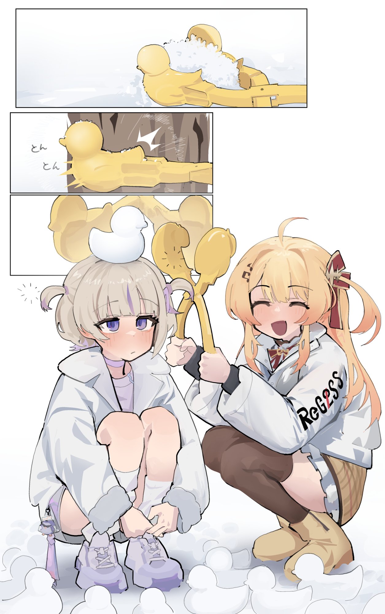 2girls, ahoge, blonde_hair, brown_thighhighs, choker, hair_ornament, highres, hololive
