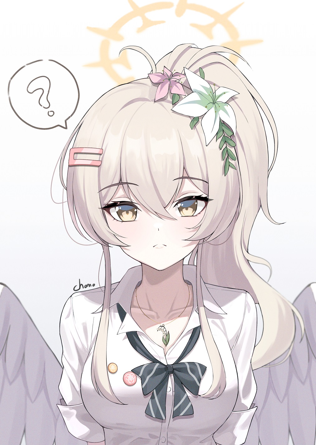 1girl, ?, ahoge, angel_wings, blonde_hair, blue_archive, commentary, gyaru