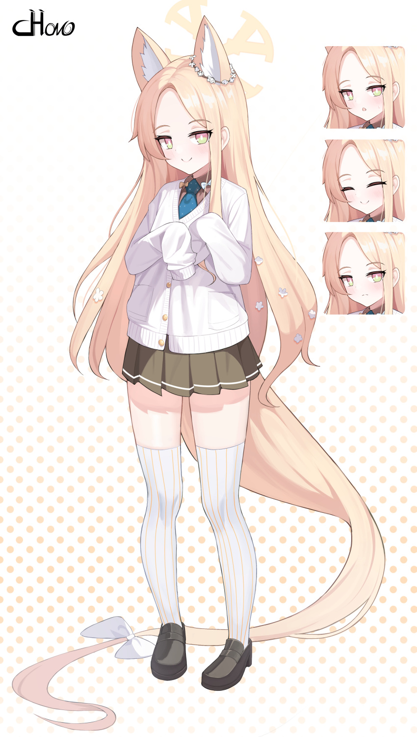 1girl, absurdres, blonde_hair, blue_archive, expression_chart, forehead, fox_girl, full_body