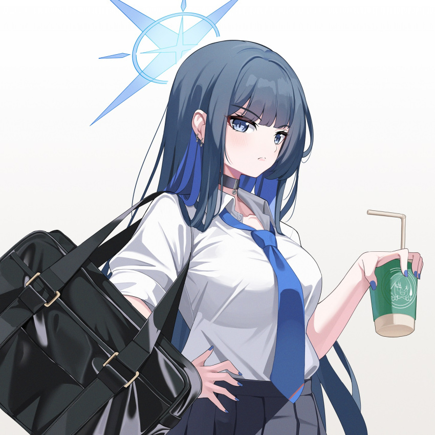 1girl, alternate_costume, bag, black_skirt, blue_archive, blue_hair, breasts, cup