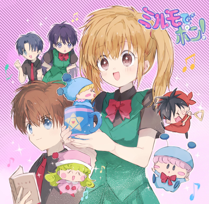 3girls, 5boys, black_hair, blonde_hair, blue_eyes, blue_pajamas, blunt_bangs, blush_stickers