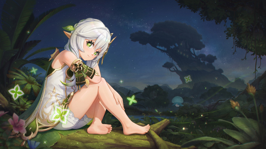 1girl, absurdres, bare_shoulders, barefoot, bloomers, closed_mouth, commentary, dagahaz, detached_sleeves, dress, english_commentary, from_side, fungi_(genshin_impact), genshin_impact, gold_trim, green_eyes, green_sleeves, hair_between_eyes, hair_ornament, highres, leaf_hair_ornament, light_blush, long_hair, looking_at_viewer, looking_to_the_side, nahida_(genshin_impact), night, night_sky, outdoors, pointy_ears, sitting, sky, sleeveless, sleeveless_dress, smile, solo, star-shaped_pupils, star_(sky), star_(symbol), starry_sky, symbol-shaped_pupils, toenails, toes, white_bloomers, white_dress, white_hair