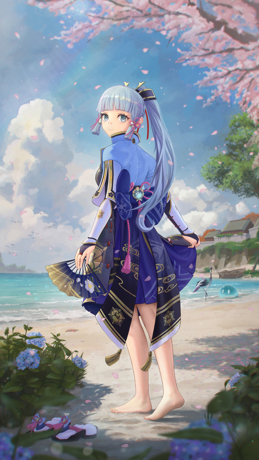 1girl, absurdres, arched_bangs, barefoot, beach, bird, black_bridal_gauntlets, blue_eyes