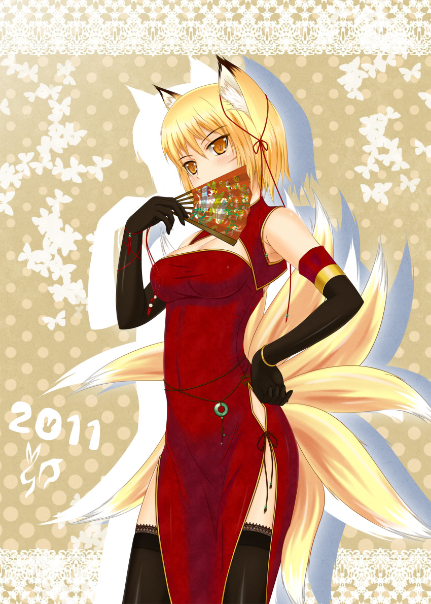 2011, alternate_costume, animal_ears, bare_shoulders, black_gloves, black_legwear, black_thighhighs, blonde_hair