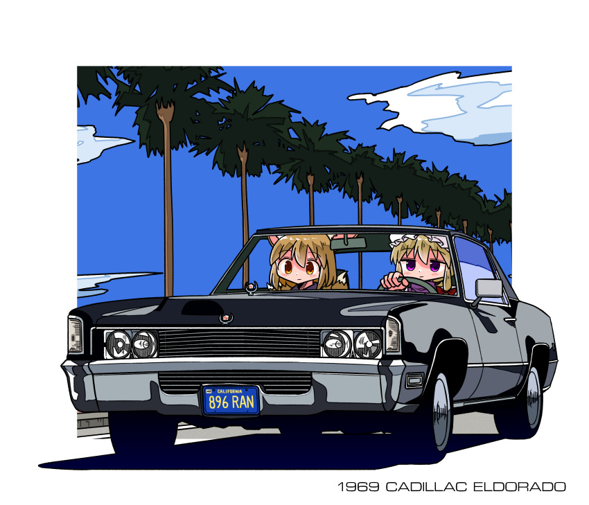 2girls, absurdres, animal_ears, blonde_hair, blue_sky, cadillac, cadillac_eldorado, car