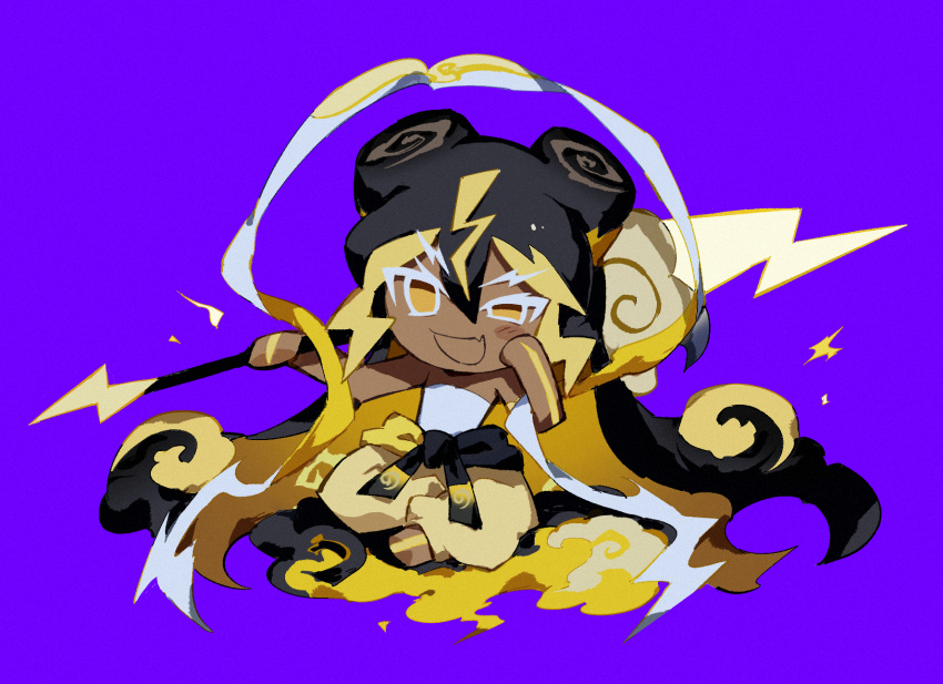 1girl, black_hair, blonde_hair, blush_stickers, body_markings, chibi, chibi_only, clouds, commentary_request, cookie_run, cookie_run:_kingdom, dark-skinned_female, dark_skin, double_bun, fang, full_body, hair_between_eyes, hair_bun, hand_on_own_cheek, hand_on_own_face, head_rest, highres, holding, holding_staff, holding_weapon, lightning_bolt_symbol, long_hair, melvi0, multicolored_hair, official_style, open_mouth, pants, puffy_pants, purple_background, single_blush_sticker, sitting, skin_fang, solo, staff, stormbringer_cookie, strapless, tube_top, two-tone_hair, v-shaped_eyebrows, very_long_hair, weapon, white_tube_top, yellow_eyes, yellow_pants