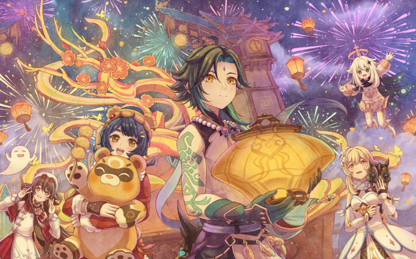 1boy, 4girls, :d, ^_^, aerial_fireworks, arm_tattoo, artist_name, bare_shoulders