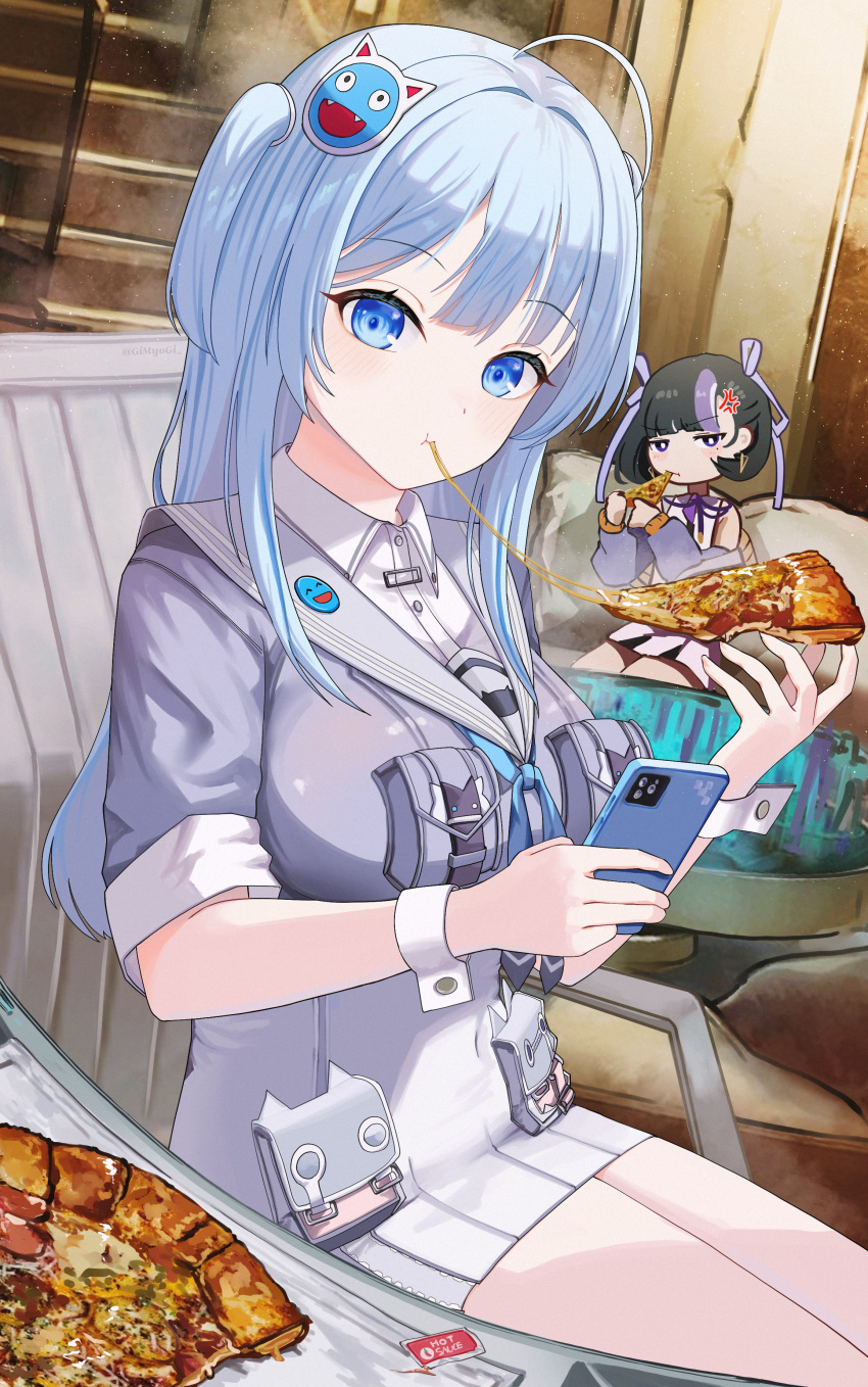 2girls, absurdres, ahoge, anger_vein, black_hair, blue_eyes, blue_hair, breasts, commentary, dress, food, food_in_mouth, gimyogi, goddess_of_victory:_nikke, hair_ornament, highres, holding, holding_food, holding_phone, holding_pizza, indoors, long_hair, looking_at_viewer, medium_breasts, multicolored_hair, multiple_girls, on_chair, phone, pizza, purple_dress, purple_hair, shifty_(nikke), short_hair, sitting, syuen_(nikke), table, thighs, two-tone_hair, violet_eyes, wrist_cuffs