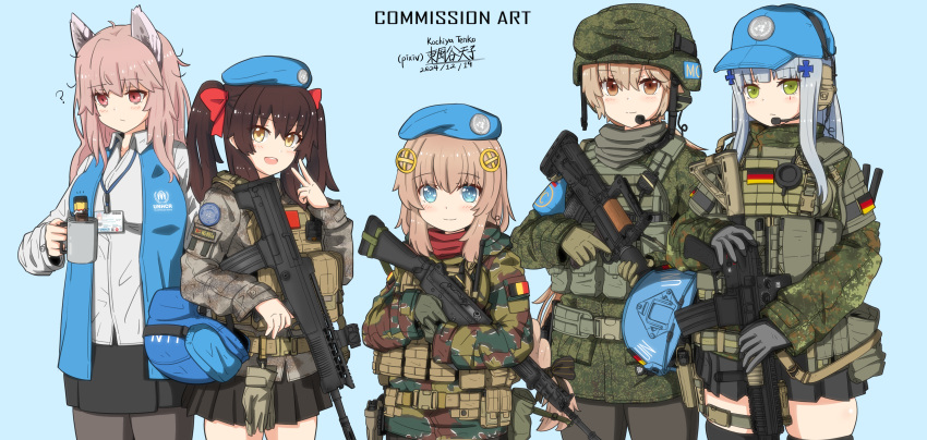 5girls, absurdres, animal_ears, artist_name, assault_rifle, baseball_cap, belgium_armed_forces, beret