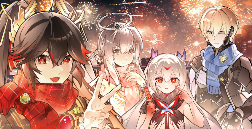 1boy, 3girls, absurdres, aerial_fireworks, artist_name, black_bodysuit, black_hair, black_scarf
