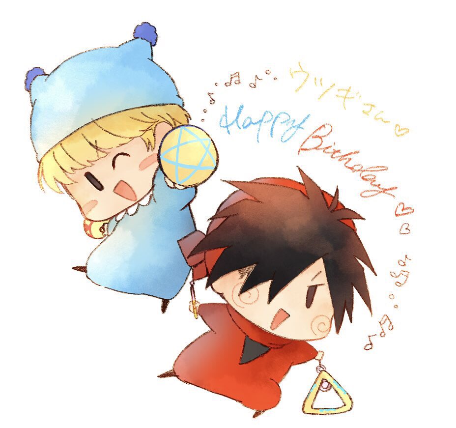 2boys, black_hair, blonde_hair, blue_hat, blue_pajamas, blunt_bangs, blush_stickers, commentary_request
