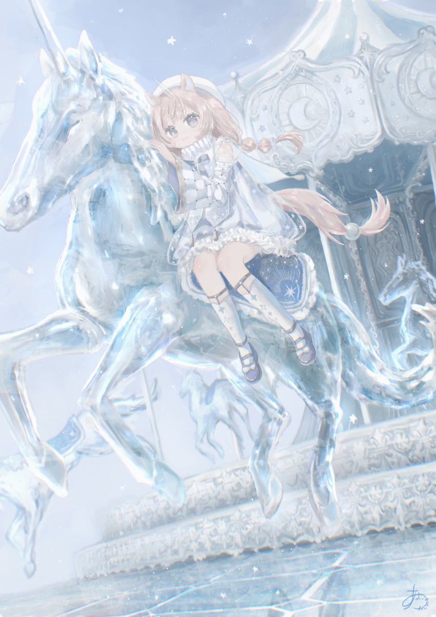 1girl, absurdres, aosugar, beret, blonde_hair, blue_eyes, carousel, child