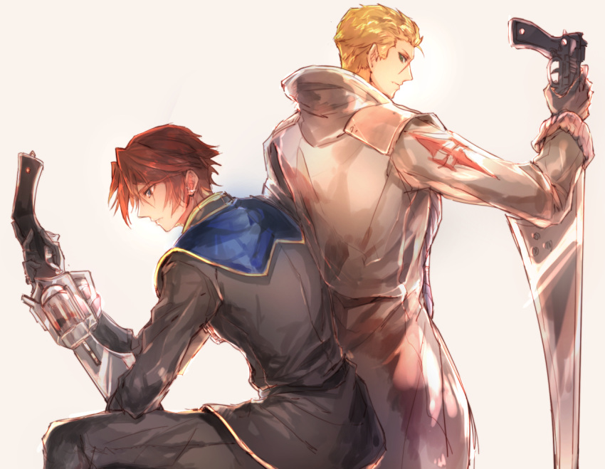 2boys, asazuke_(rocca0w0), back-to-back, black_gloves, black_jacket, black_pants, blonde_hair, brown_hair, coat, commentary_request, dated_commentary, earrings, elbow_rest, expressionless, final_fantasy, final_fantasy_viii, gloves, grey_background, grey_coat, gunblade, hair_slicked_back, hand_up, high_collar, holding, holding_weapon, jacket, jewelry, leaning_forward, long_coat, long_sleeves, looking_back, looking_down, male_focus, military_jacket, military_uniform, multiple_boys, official_alternate_costume, pants, scar, scar_on_face, seed_uniform_(ff8), seifer_almasy, short_hair, simple_background, sitting, squall_leonhart, stud_earrings, upper_body, very_short_hair, weapon
