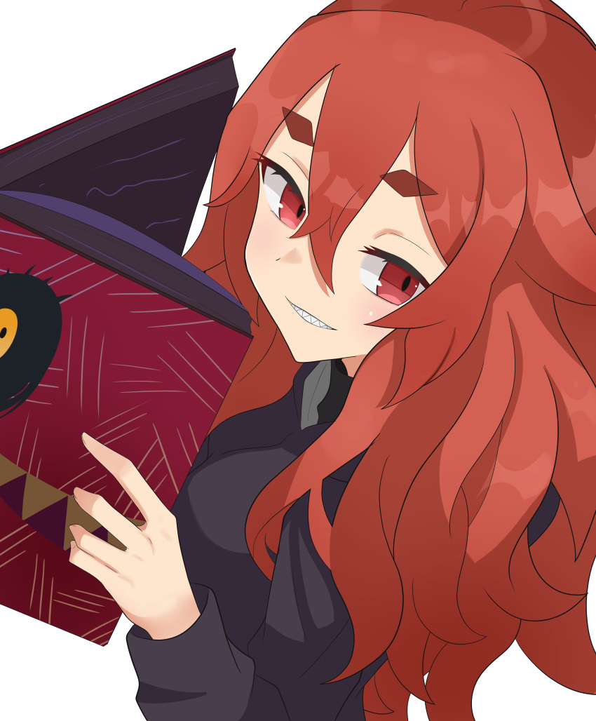 1girl, absurdres, blush, book, commentary, eyelashes, galleria_no_chika_meikyuu_to_majo_no_ryodan, hair_between_eyes, highres, holding, holding_book, in-franchise_crossover, long_hair, long_sleeves, looking_at_viewer, natyl_colbert, octpus, red_eyes, red_hair, refrain_no_chika_meikyuu_to_majo_no_ryodan, sharp_teeth, simple_background, smile, smirk, teeth, upper_body, wavy_hair, white_background, youro_rekitei