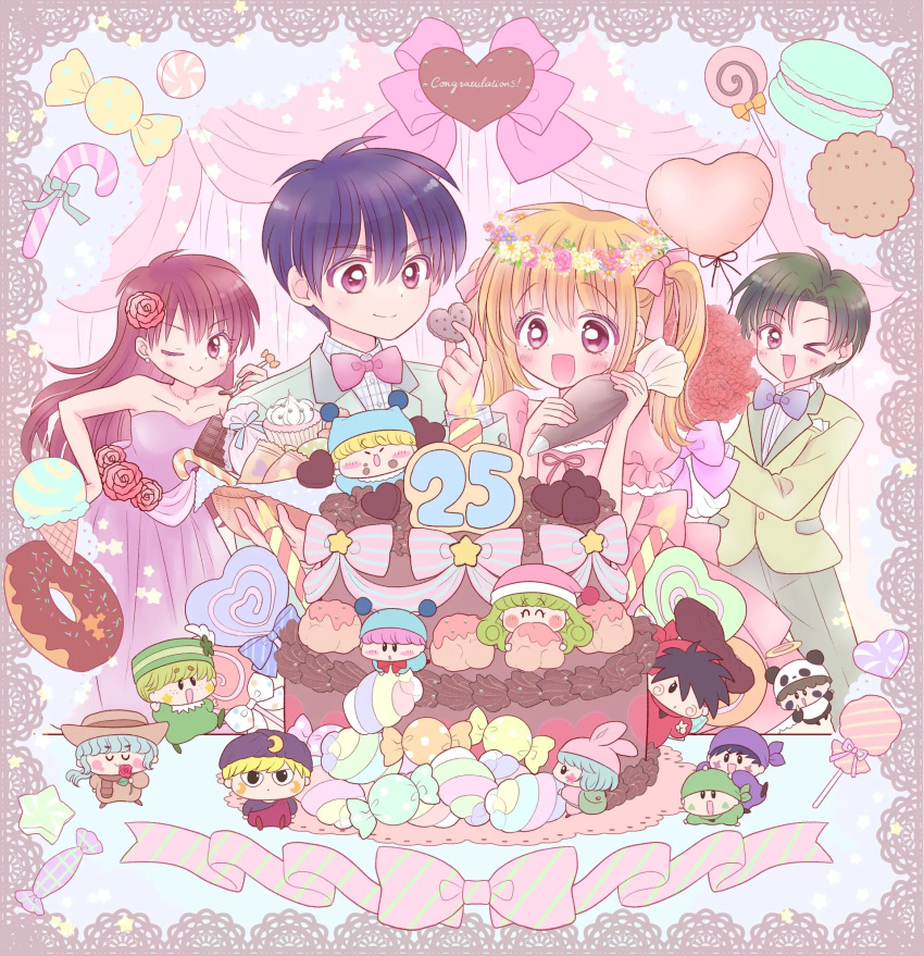 bag, bandana, black_hair, blonde_hair, bow, bowtie, cake, candy