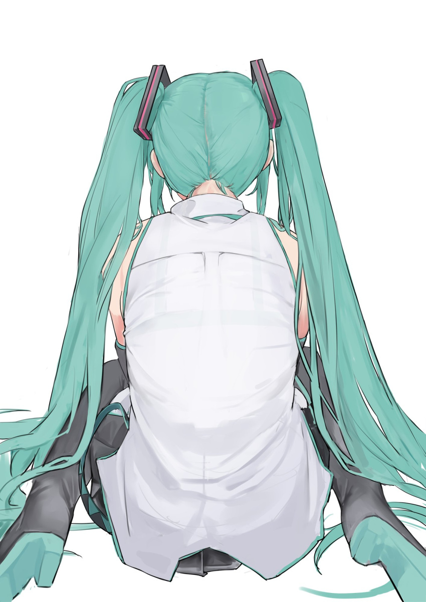 1girl, aqua_hair, black_footwear, black_skirt, boots, from_behind, grey_shirt, hatsune_miku