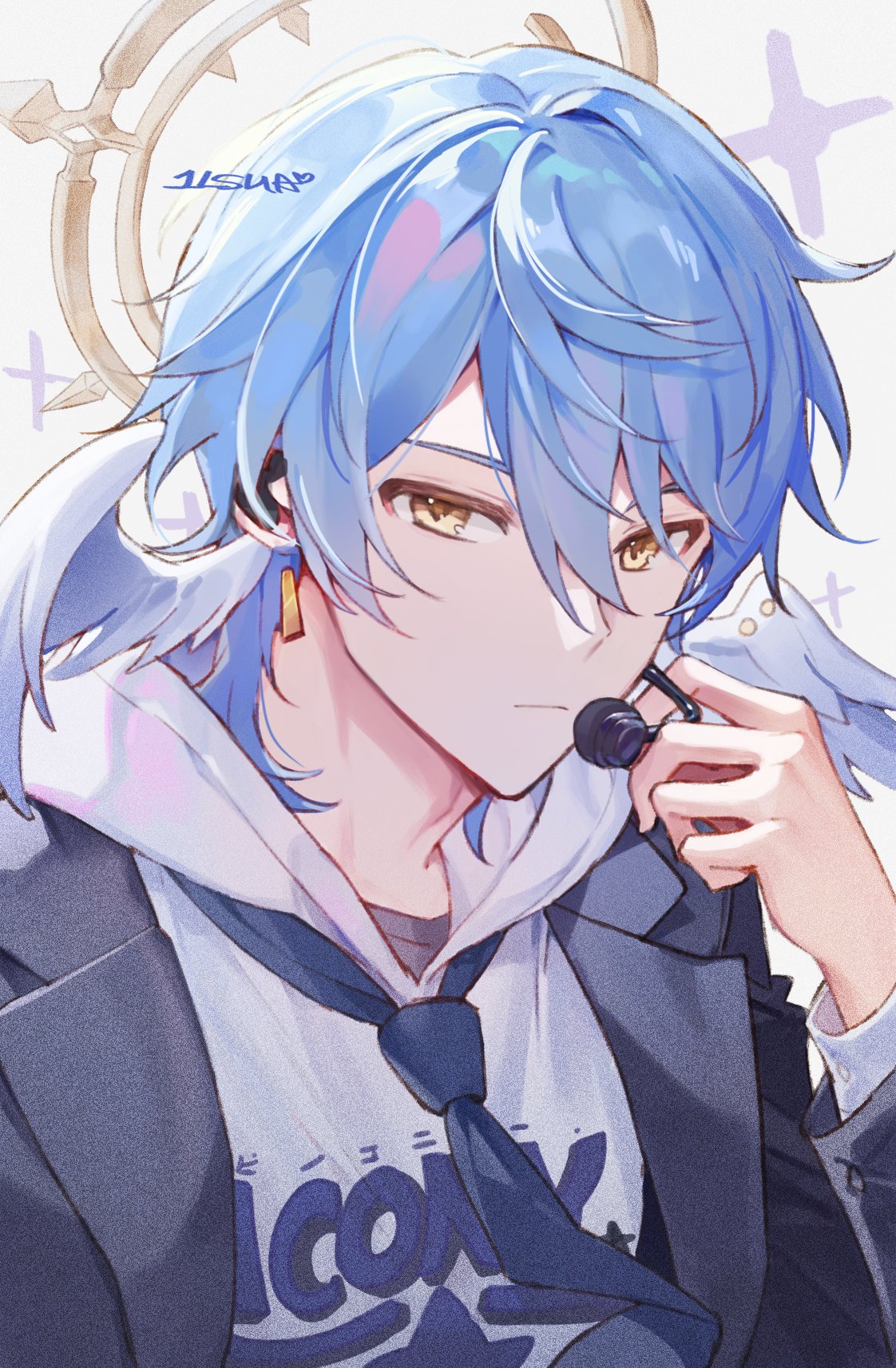 1boy, alternate_costume, black_jacket, blue_hair, blue_necktie, closed_mouth, earrings, feathered_wings