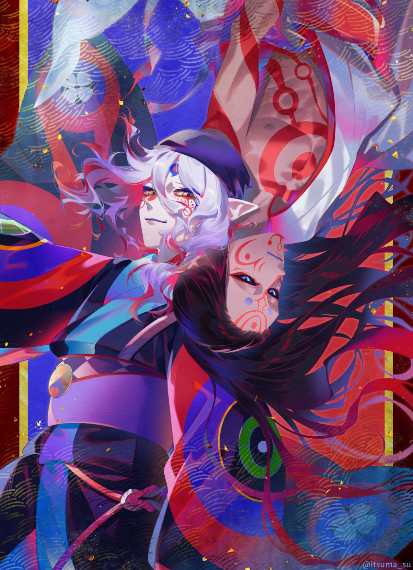 2boys, abs, absurdres, aqua_kimono, black_hair, black_kimono, black_sclera, blue_eyes