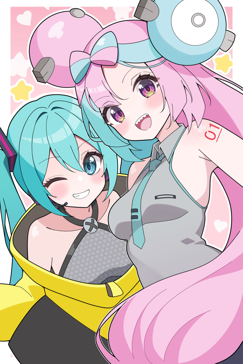 2girls, absurdres, aqua_eyes, aqua_hair, aqua_necktie, breasts, closed_mouth, cosplay