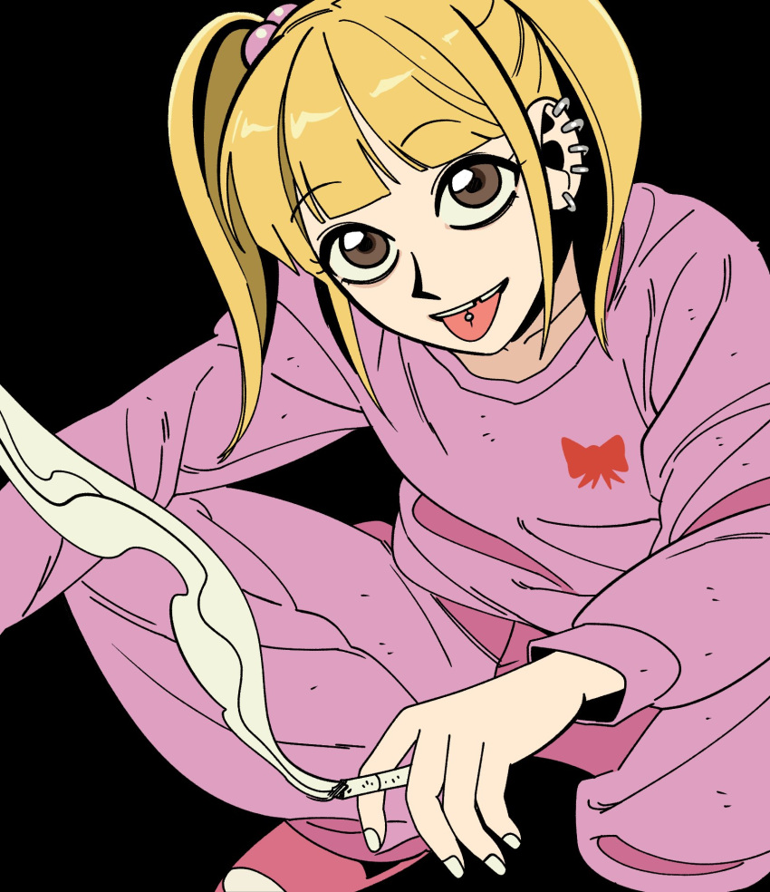 1girl, arms_on_knees, black_background, blonde_hair, blunt_bangs, brown_eyes, chanel_(jimoto_saikou), cigarette