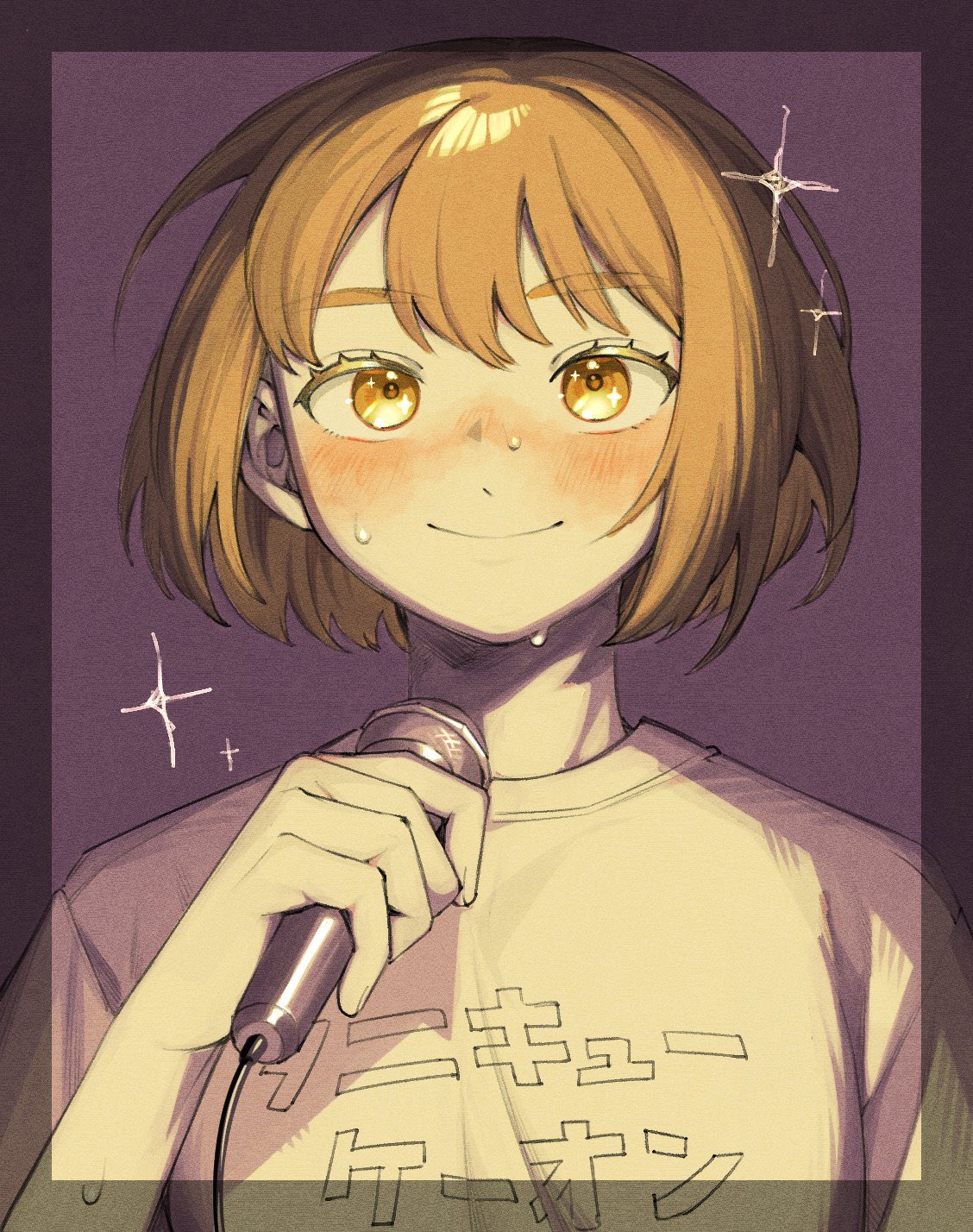 1girl, blonde_hair, blush, bob_cut, border, closed_mouth, clothes_writing, commentary