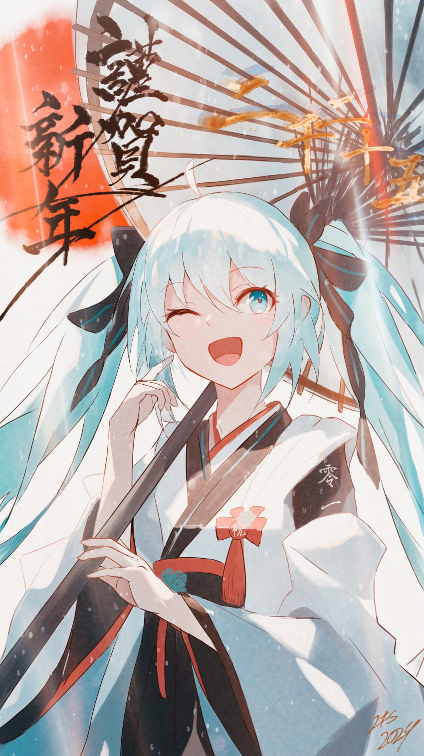 1girl, ;d, absurdres, black_bow, blue_eyes, bow, floating_hair, hair_bow