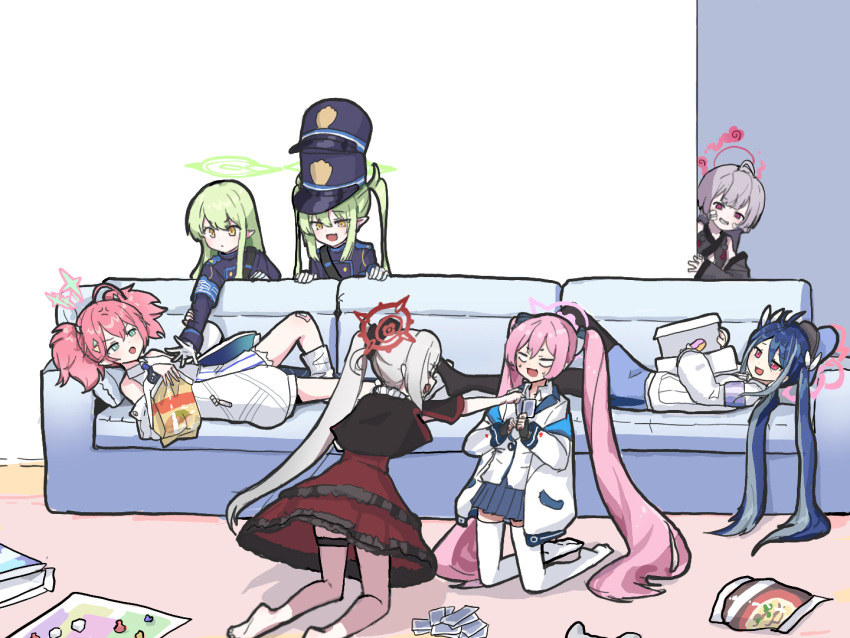 6+girls, :d, ahoge, anger_vein, angry, bandaid, bandaid_on_face, bare_shoulders