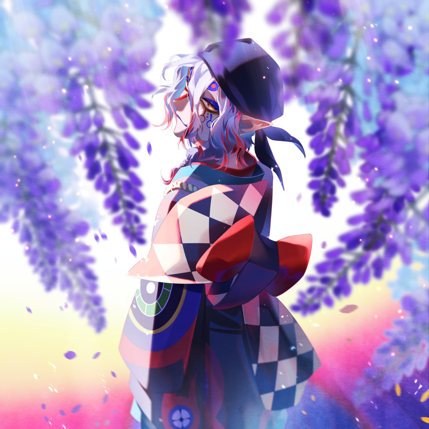 1boy, absurdres, back_bow, bandana, black_bandana, black_kimono, blue_kimono, blue_lips