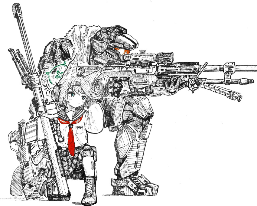 1boy, 1girl, absurdres, aiming, animal_ears, anti-materiel_rifle, armor, barrett_m82