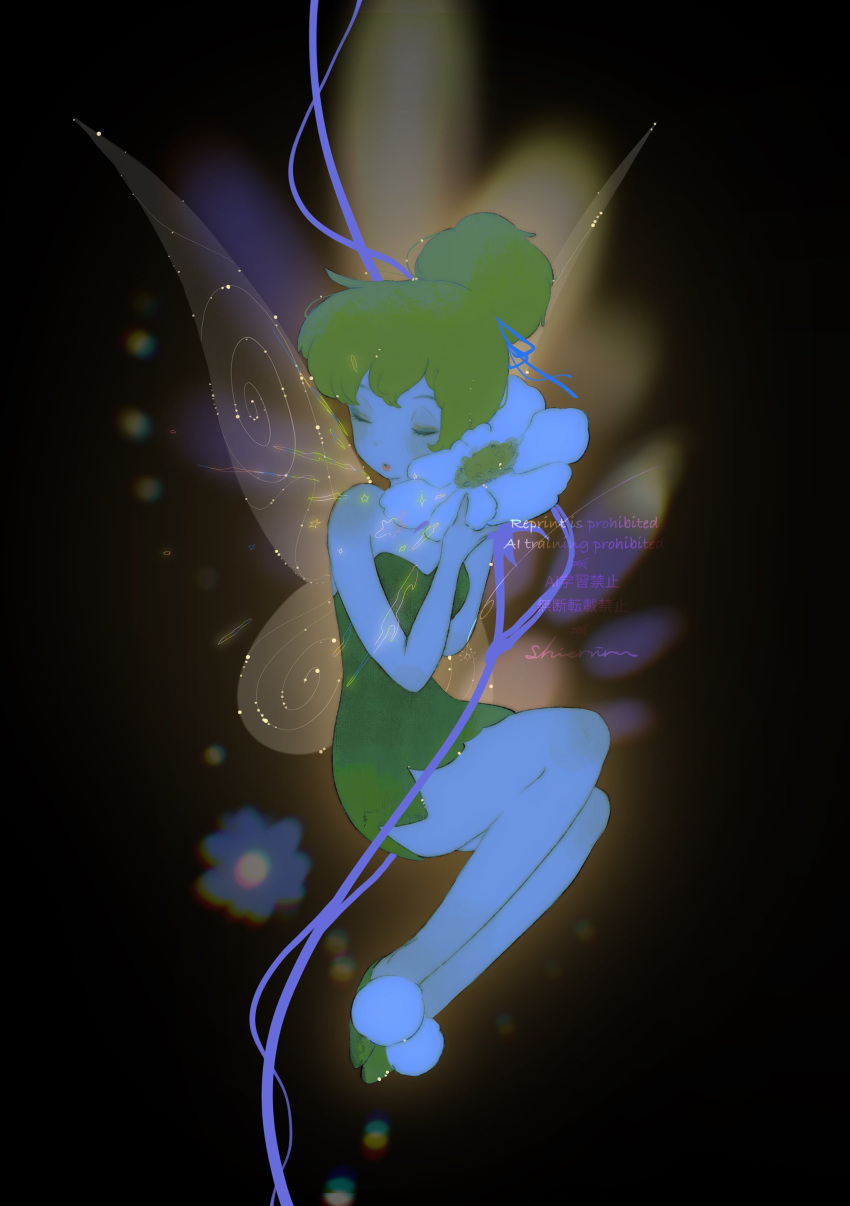 1girl, absurdres, bare_shoulders, black_background, blonde_hair, closed_eyes, closed_mouth, disney_fairies_(film_series)